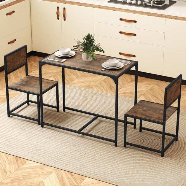 3 Piece Dining Table Set with Metal Frame and Low Back-Brown