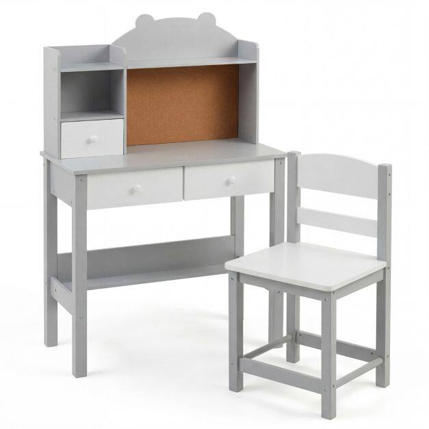 Costway Wooden Kids Study Desk and Chair Set for Kids 3+-Grey