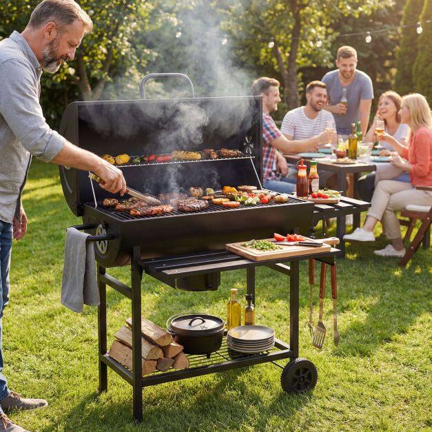 Charcoal BBQ Grill Outdoor Smoker Grill Combo with Thermometer-Black Charcoal BBQ Grill Outdoor Smoker Grill Combo with Thermometer-Black