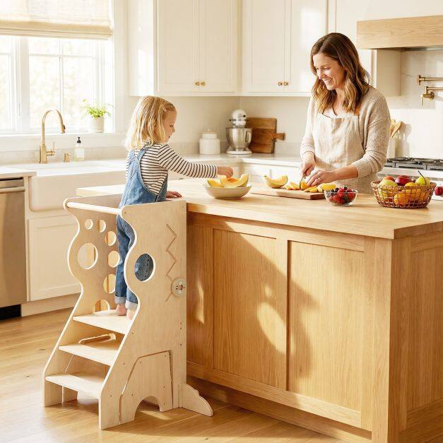 2-in-1 Kitchen Step Stool, Multi-Purpose Wooden Learning Tower & Montessori Style with Removable Bars and 2-Step Stool for Ages 3+
