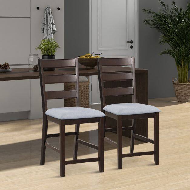 2-Piece Counter Height Bar Stool Set with Padded Seat and Rubber Wood Legs-Brown