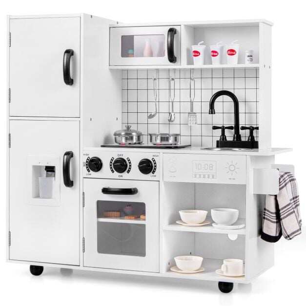 Costway Wooden Pretend Play Kitchen with Utensils and Real Sounds Lights-White