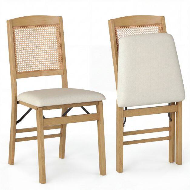 Costway Wooden Folding Chairs Set of 2 with Linen Padded Seat-Natural
