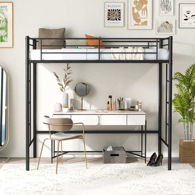 Metal Space-saving Loft Bed Frame with Full-length Safety Guardrail-Black