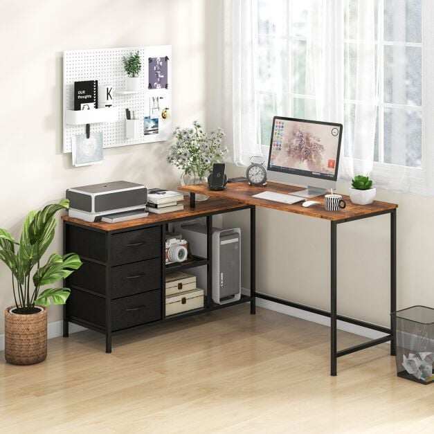 L-Shaped Computer Desk with Drawers Shelves and Charging Station-Rustic Brown L-Shaped Computer Desk with Drawers Shelves and Charging Station-Rustic Brown