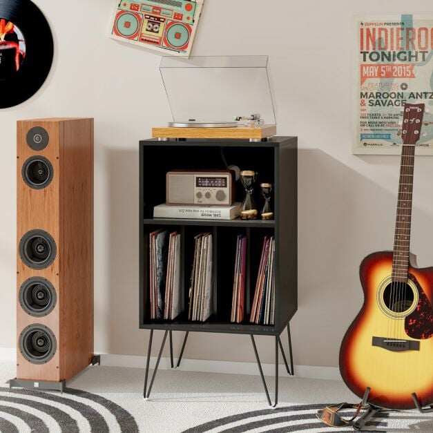 3-Tier Record Player Stand with Charging Station Shelf and 4 Dividers-Black 3-Tier Record Player Stand with Charging Station Shelf and 4 Dividers-Black