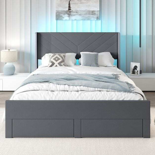 King Size Bed Frame with LED Lights Dutch Velvet Upholstered Platform Bed-Grey King Size Bed Frame with LED Lights Dutch Velvet Upholstered Platform Bed-Grey