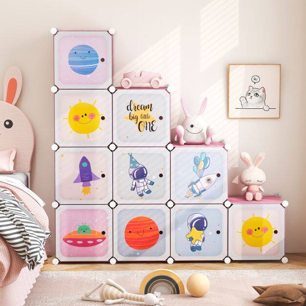 Portable Children Wardrobe with 12 Cubes and 2 Clothes Hanging Section-Pink Portable Children Wardrobe with 12 Cubes and 2 Clothes Hanging Section-Pink