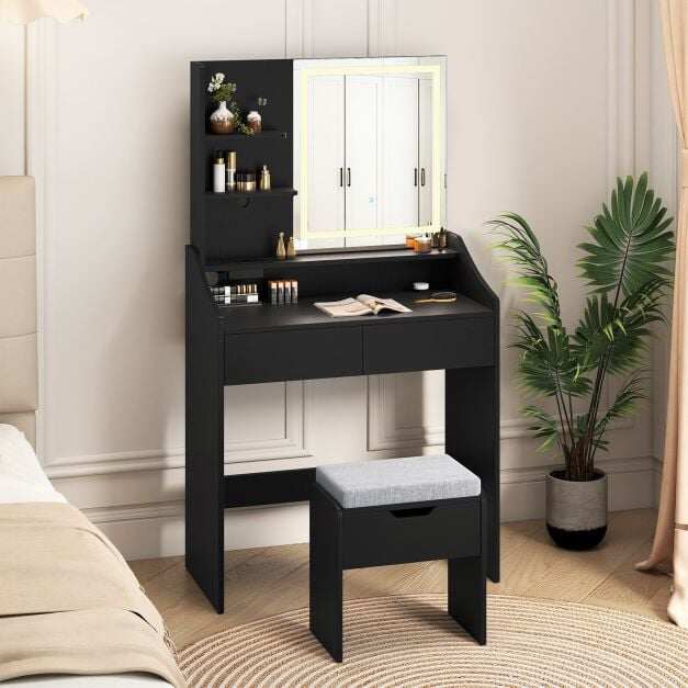 Vanity Desk Set with Built-in Charging Station and Storage Drawers-Black Vanity Desk Set with Built-in Charging Station and Storage Drawers-Black