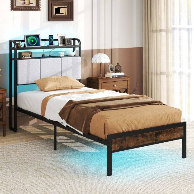 King Size Double Size Bed Frame with LED Light and Charging Station-Single Size King Size Double Size Bed Frame with LED Light and Charging Station-Single Size