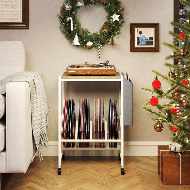 Rolling Record Player Stand with Vinyl Storage and Magazine Holder-Natural Rolling Record Player Stand with Vinyl Storage and Magazine Holder-Natural