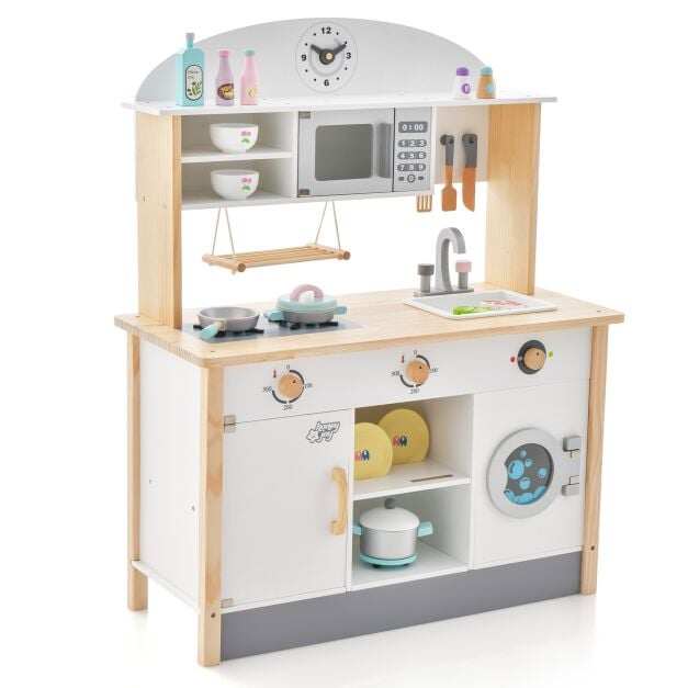 Costway Wooden Kids Play Kitchen Set with Microwave Oven and Washing Machine