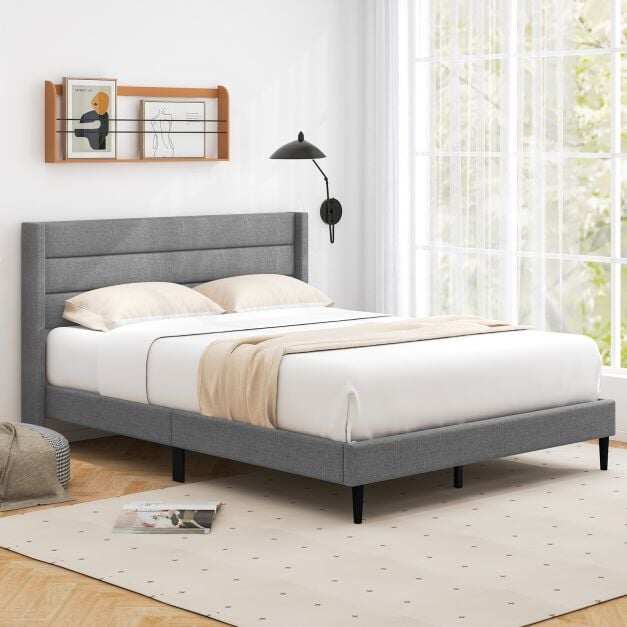 Single/Double Size Bed Frame with Wingback Headboard and Wooden Slats Support-Grey-Double Size Single/Double Size Bed Frame with Wingback Headboard and Wooden Slats Support-Grey-Double Size