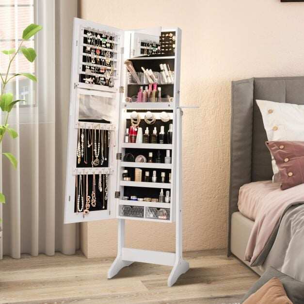 Eraldiseisev LED-peegeldusega ehtekapp võtmeauguga - valge