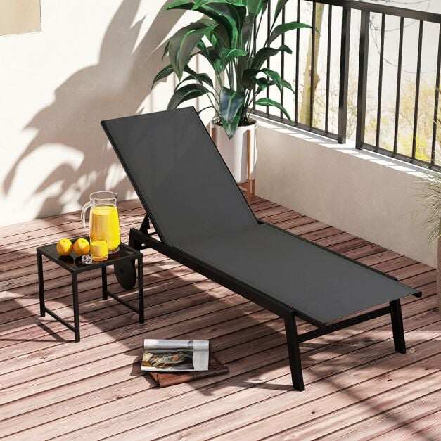 Sun lounger with wheels & side table, garden lounger with adjustable backrest, grey