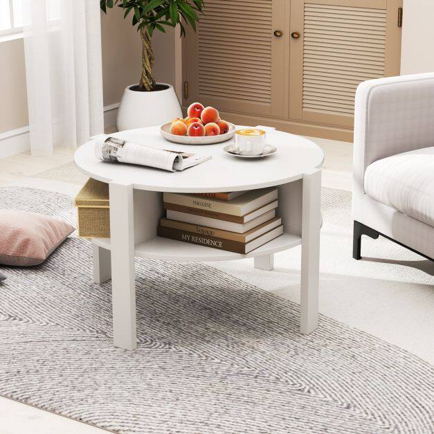 2-Tier Round Coffee Table with 4 Shelves-White