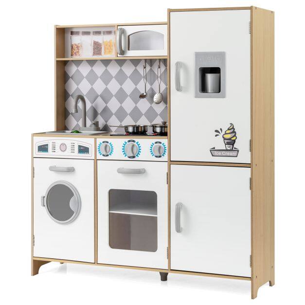 Pretend Play Kitchen with Ice Maker and Cooking Stove for Kids-Natural