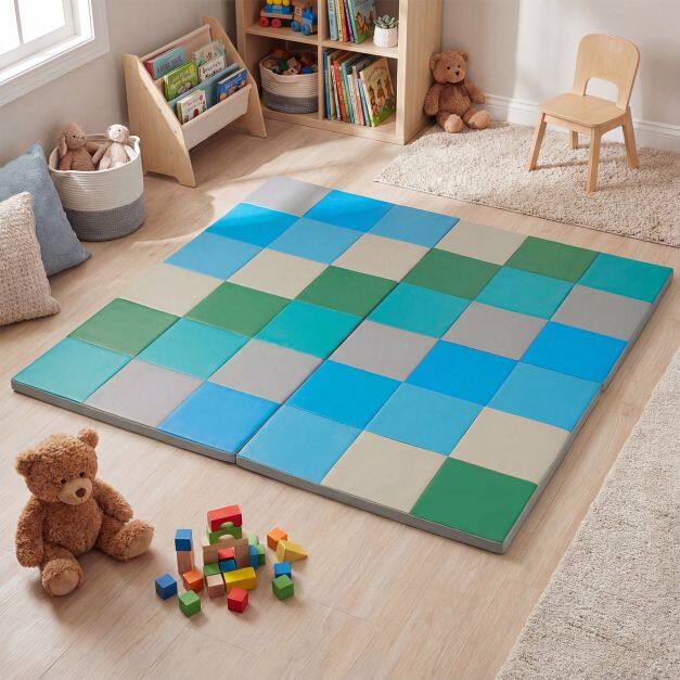 Kaheosaline kokkupandav beebi roomamismatt ronimiskinnituse, kunstnahast põrandamati ja porolooniga, sinine