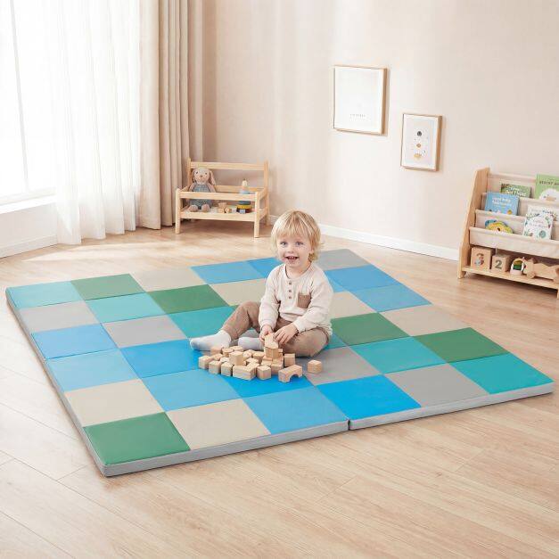 Kaheosaline kokkupandav beebi roomamismatt ronimiskinnituse, kunstnahast põrandamati ja porolooniga, sinine