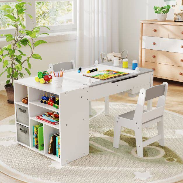 Kids Art Table and 2 Chairs Set with Paper Roll and Storage Shelves-Grey