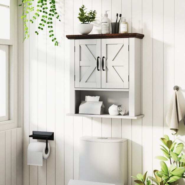 Wall cabinet with adjustable shelves & doors & open storage compartment, white Wall cabinet with adjustable shelves & doors & open storage compartment, white