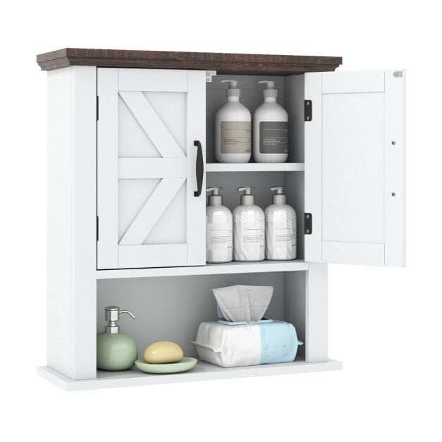 Costway Wall cabinet with adjustable shelves & doors & open storage compartment, white Costway Wall cabinet with adjustable shelves & doors & open storage compartment, white