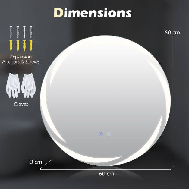 60 cm LED-vannitoa peegel, seinale kinnitatav karastatud klaas, plahvatuskindel, 3-värvilise valgustusega, uduvastane süsteem, hämardatav, hõbedane