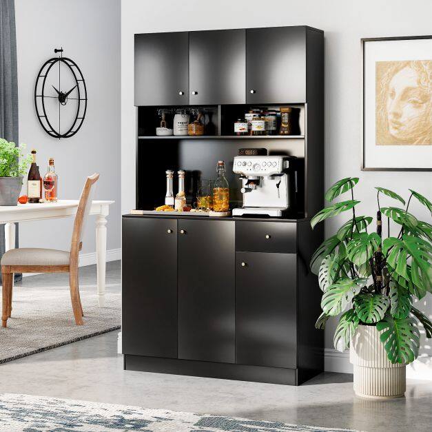 180cm Tall Pantry Cabinet with Outlets and Anti-Tipping Kits-Black 180cm Tall Pantry Cabinet with Outlets and Anti-Tipping Kits-Black