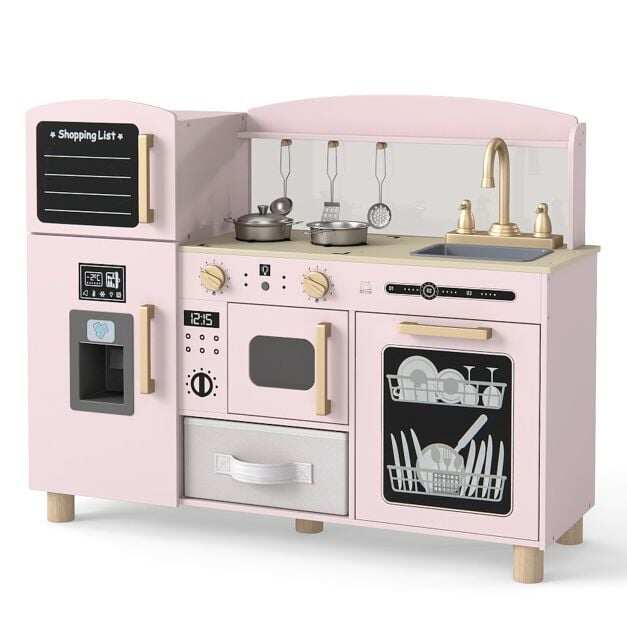 Costway Wooden Kids Play Kitchen with Ice Maker and Fabric Drawer-Pink