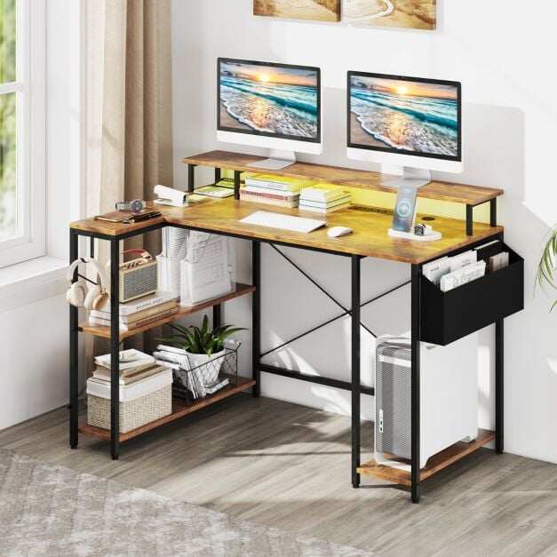 L-Shaped Gaming Desk 120 cm Computer Desk with LED Lights and Power Outlets-Rustic Brown L-Shaped Gaming Desk 120 cm Computer Desk with LED Lights and Power Outlets-Rustic Brown