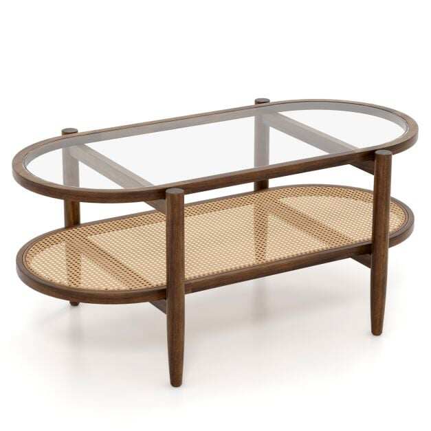 Kohvilaua abilaud klaasist lauaplaadi ja rotangist riiuliga 102 x 56 x 47 cm pruun