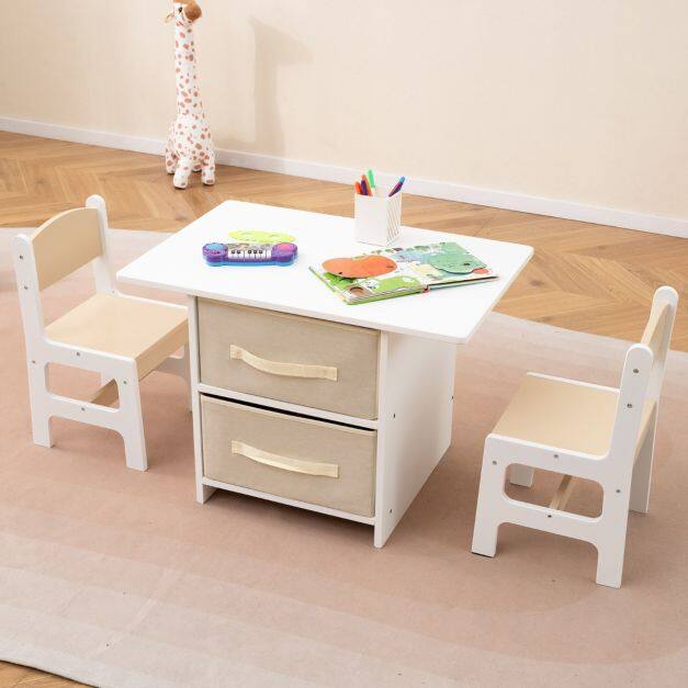 Toddler Wooden Activity Table & 2 Chairs Set with 2 Fabric Storage Bins-Beige Toddler Wooden Activity Table & 2 Chairs Set with 2 Fabric Storage Bins-Beige
