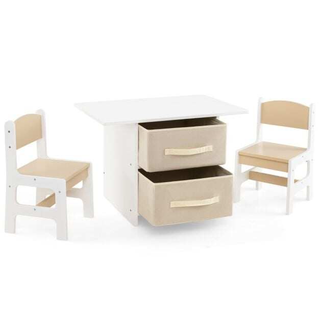 Costway Toddler Wooden Activity Table & 2 Chairs Set with 2 Fabric Storage Bins-Beige Costway Toddler Wooden Activity Table & 2 Chairs Set with 2 Fabric Storage Bins-Beige