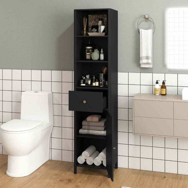 170cm Tall Bathroom Cabinet with Fluted Door and 1 Drawer 3 Open Shelves-Black 170cm Tall Bathroom Cabinet with Fluted Door and 1 Drawer 3 Open Shelves-Black