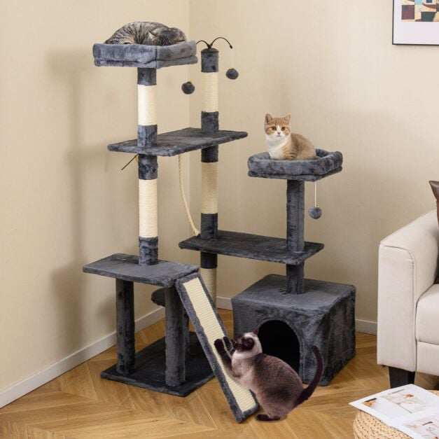 136cm Cat Tree, Multi-Level Playhouse with Scratching Post, Ramp, Cat Tree with 2 Padded Perches, Large Condo, Dark Grey 136cm Cat Tree, Multi-Level Playhouse with Scratching Post, Ramp, Cat Tree with 2 Padded Perches, Large Condo, Dark Grey