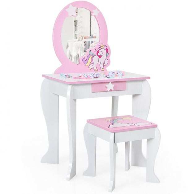 Costway Children's dressing table set princess dressing table made of wood with stool mirror drawer white + pink