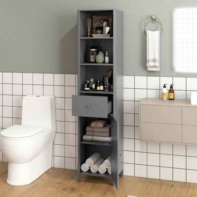 170cm Tall Bathroom Cabinet with Fluted Door and 1 Drawer 3 Open Shelves-Grey 170cm Tall Bathroom Cabinet with Fluted Door and 1 Drawer 3 Open Shelves-Grey