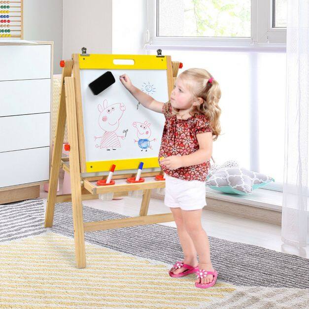 3-ühes puidust laste molbert topeltlaudade ja hoiualusega - kollane
