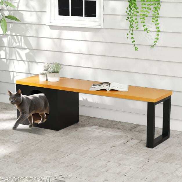150 CM Long Outdoor Metal Bench with Cat House and 3-Person Seating-Coffee 150 CM Long Outdoor Metal Bench with Cat House and 3-Person Seating-Coffee