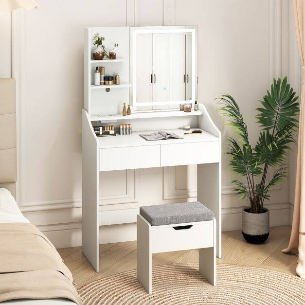 Vanity Desk Set with Built-in Charging Station and Storage Drawers-White Vanity Desk Set with Built-in Charging Station and Storage Drawers-White