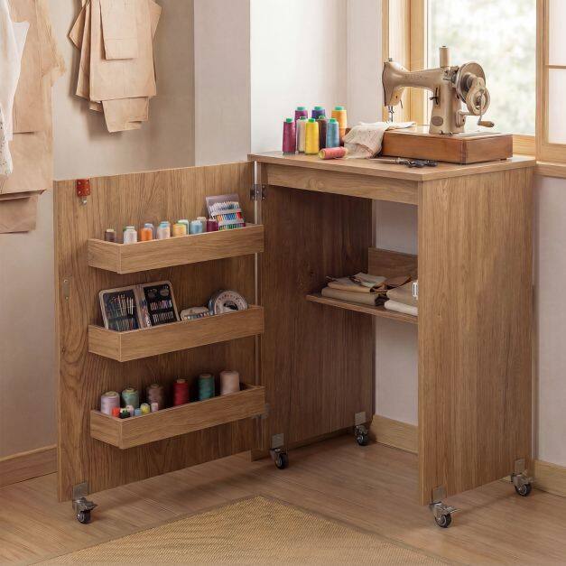 Kokkupandav õmbluslaud Rulluv käsitööjaam hoiuruumiga 3 peidetud konteineriga Mobiilne õmbluslaud 118,5 x 40 x 79,5 cm Naturaalne