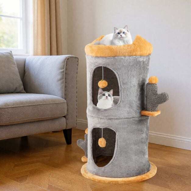 Cute Small Cat Tree Tower with Cozy Condos and Plush Danging Balls Cute Small Cat Tree Tower with Cozy Condos and Plush Danging Balls