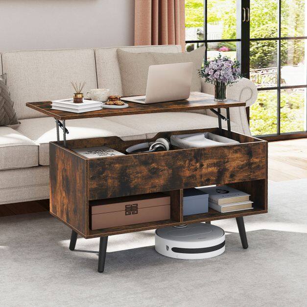 Costway 80cm Lift Top Coffee Table with Hidden Storage Compartment and 2 Storage Shelves-Brown Costway 80cm Lift Top Coffee Table with Hidden Storage Compartment and 2 Storage Shelves-Brown