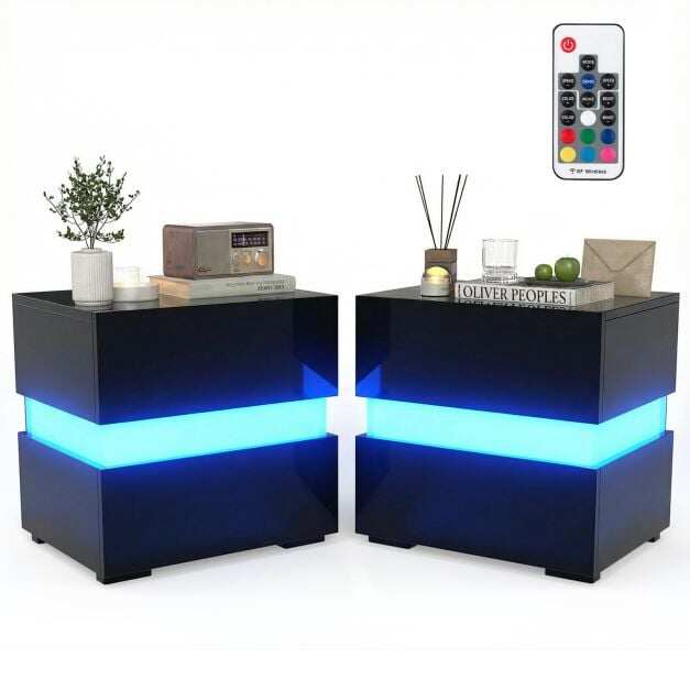 Costway Set of 2 Bedside Table LED Nightstand with Drawers-Black Costway Set of 2 Bedside Table LED Nightstand with Drawers-Black