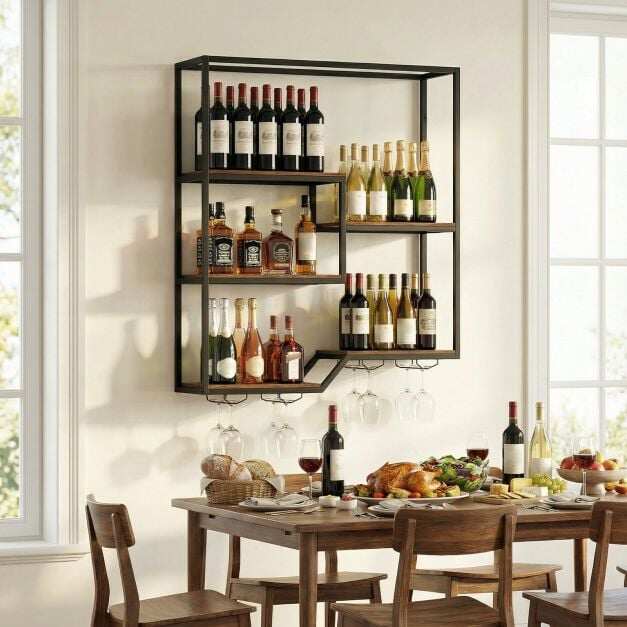 Wall-Mounted Wine Rack, 6-Tier Hanging Shelf with Bottle Display and Glass Holder, Brown Storage Shelf Wall-Mounted Wine Rack, 6-Tier Hanging Shelf with Bottle Display and Glass Holder, Brown Storage Shelf