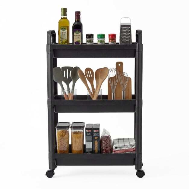 Slim Rolling Storage Cart 3-Tier Bathroom Organizer with Handles and Wheels-Black