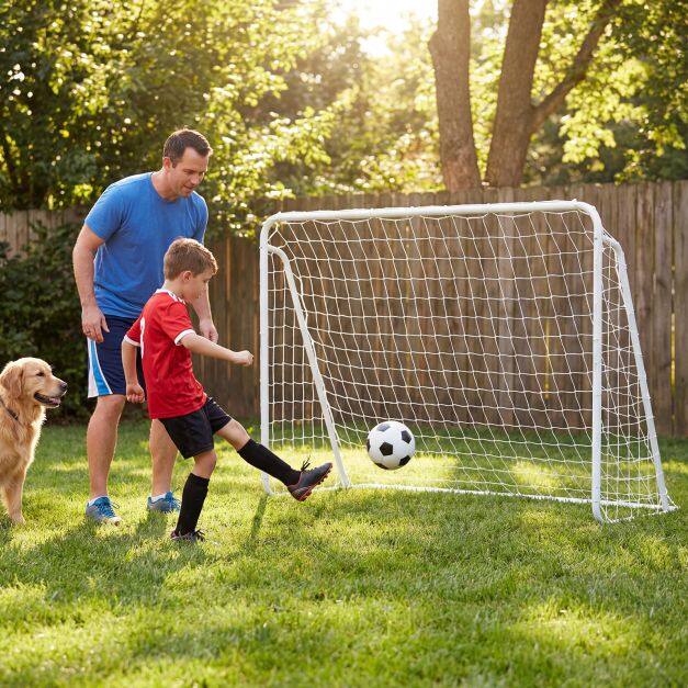 Football goal with removable target wall, handball goal with 5 shooting holes & anchoring system, white, 215×77×152 cm