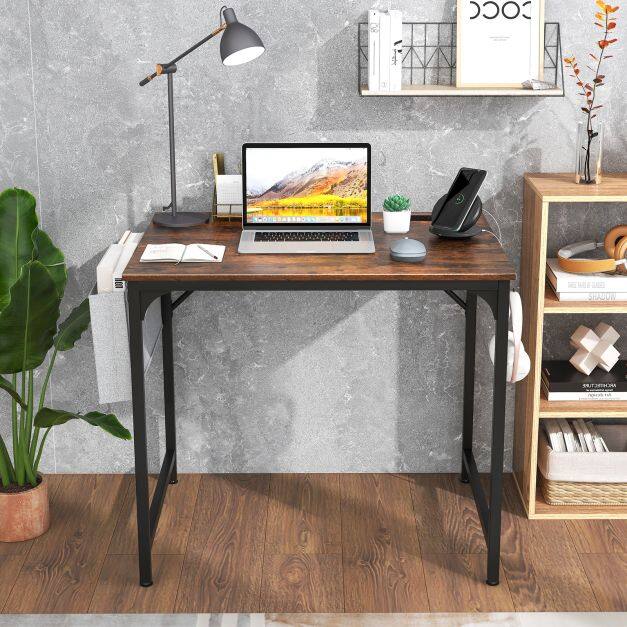 Home Office Desk with Charging Station and Storage Bag-Brown