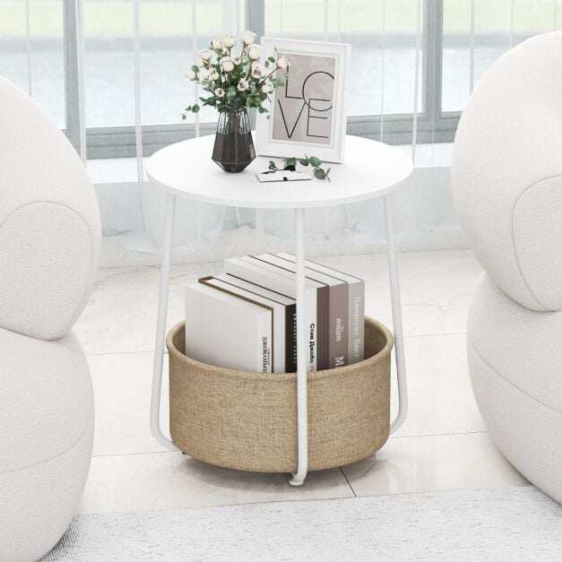 2-Tier Round Coffee Table with Fabric Basket Modern Nightstand with Metal Frame, White Bedside Table