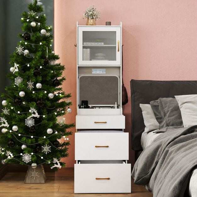 Vanity Desk with Flip-up Mirror and Movable Storage Stool-White Vanity Desk with Flip-up Mirror and Movable Storage Stool-White